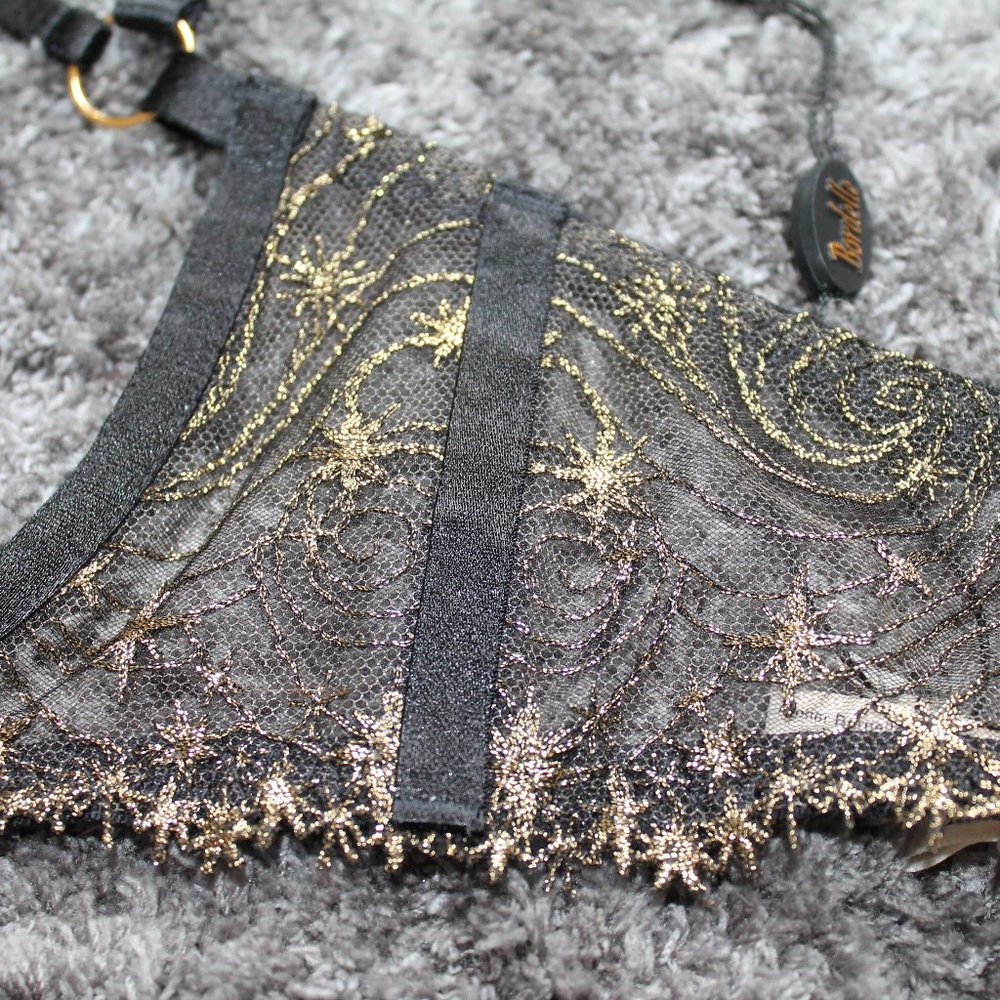 SOLD Bordelle Selene Open Ouvert Wire Bra Thong set Black Gold star embroidery - Picture 9 of 12